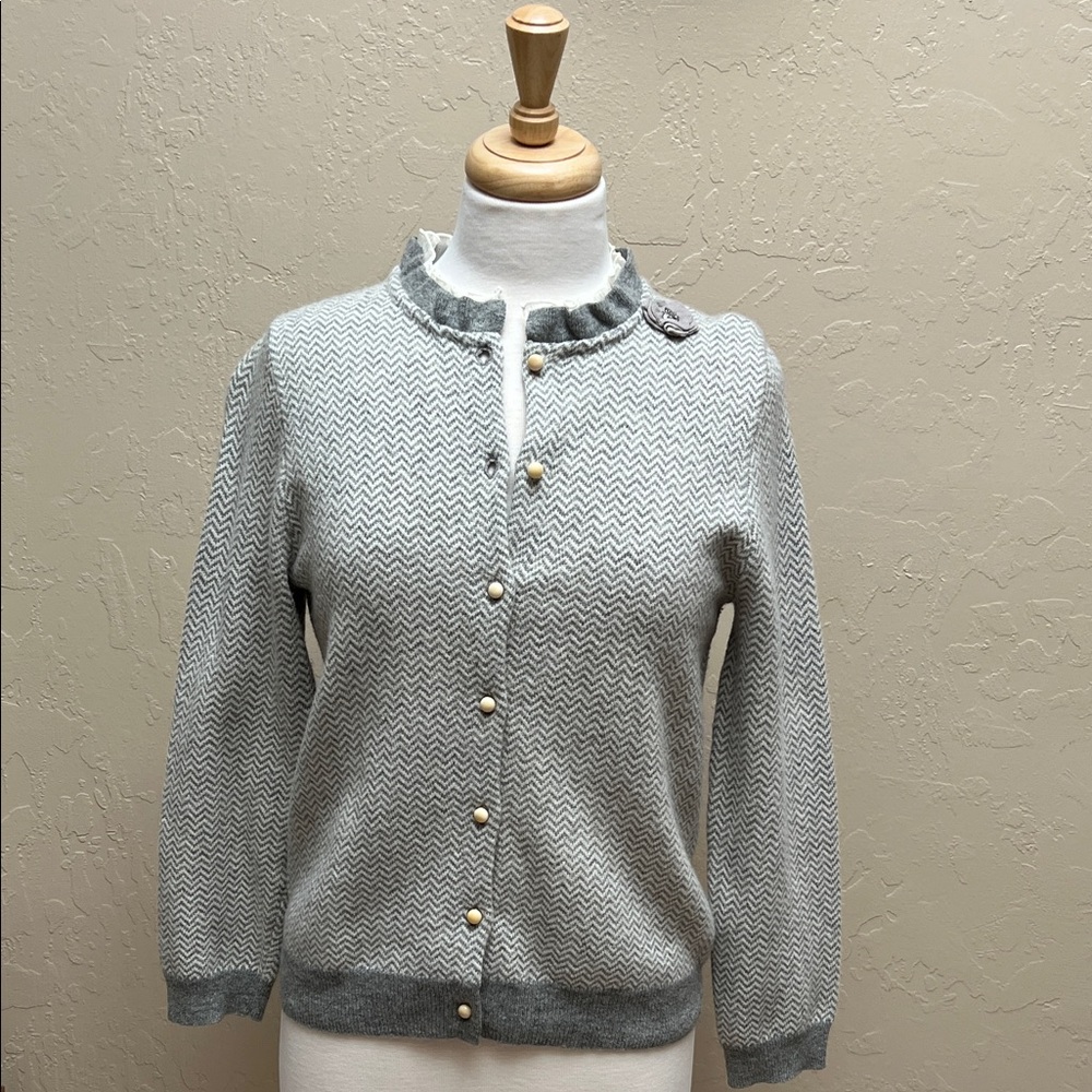 J. Crew Gray Herringbone Cardigan with Ruffle Trim - Size M